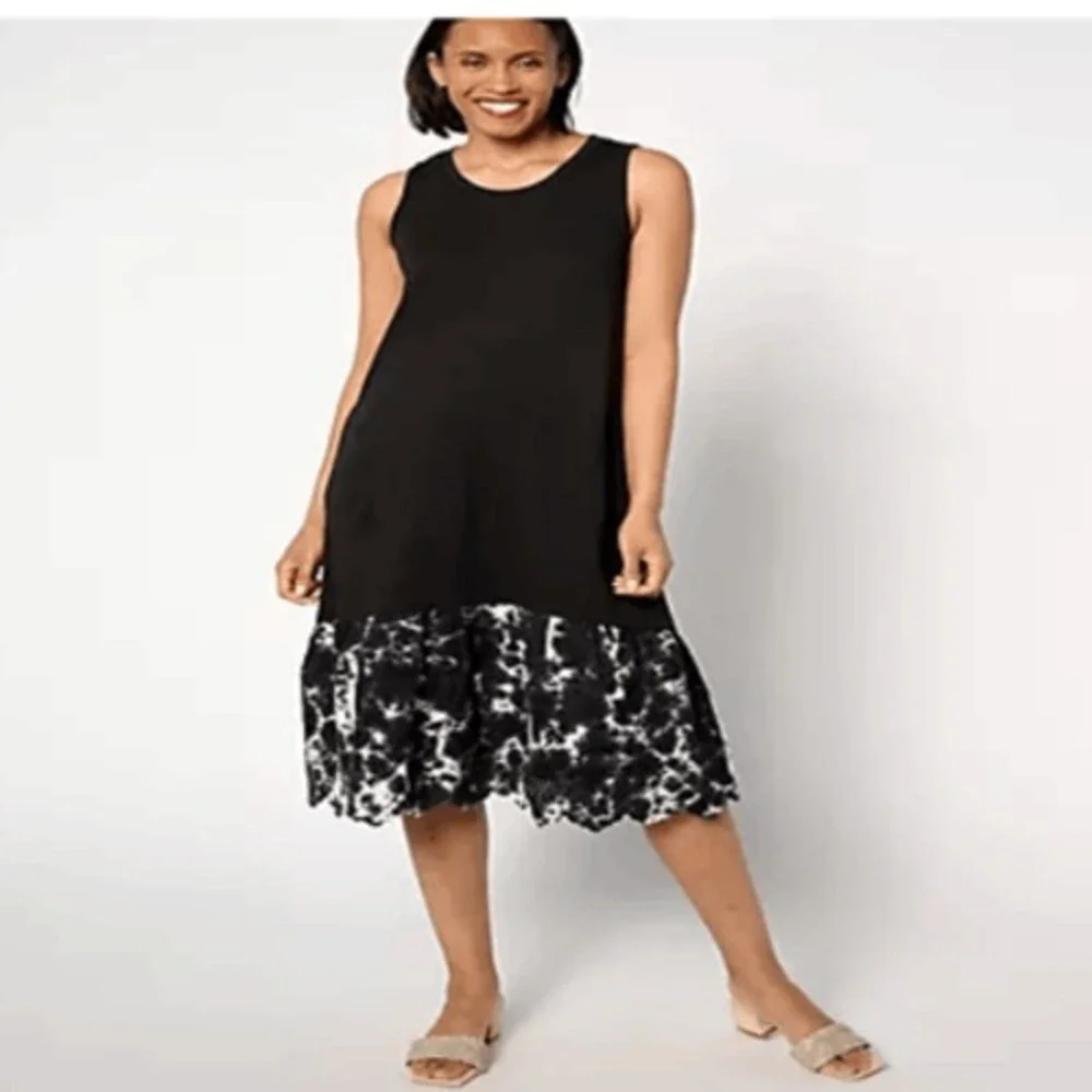 LOGO Lori Goldstein Cotton Modal Tank‎ Dress Black Tie-Dye Scallop Hem Medium
